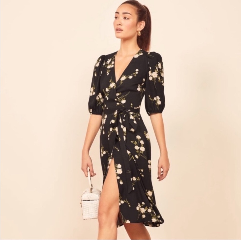 Reformation Floral Black midi tie dress